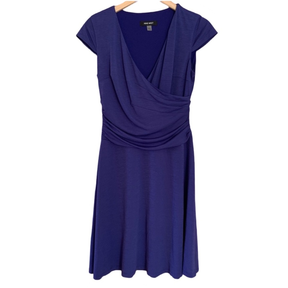 Wrap Dress Fit Flare Bright Blue Size 4 Small Knee Length Short Sleeve V Neck